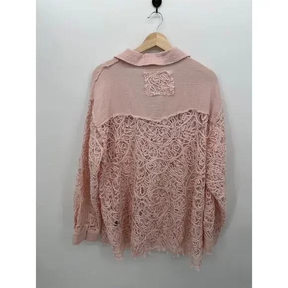 POL Lace Shacket Baby Pink Button Front Overshirt Jacket Women’s Large NWT - Picture 2 of 8